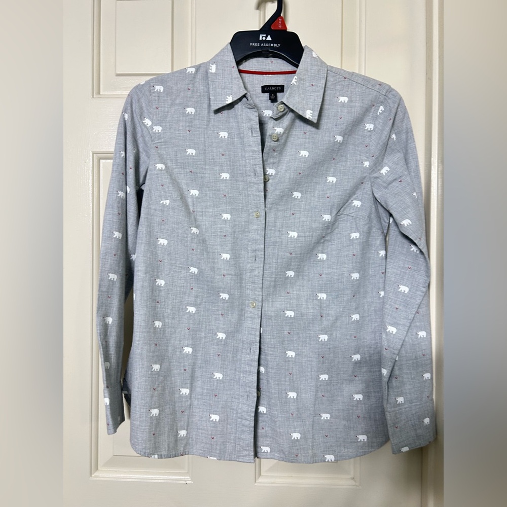 Talbots Heather Gray Embroidered Polar Bear Classic Button Down Size S NWT